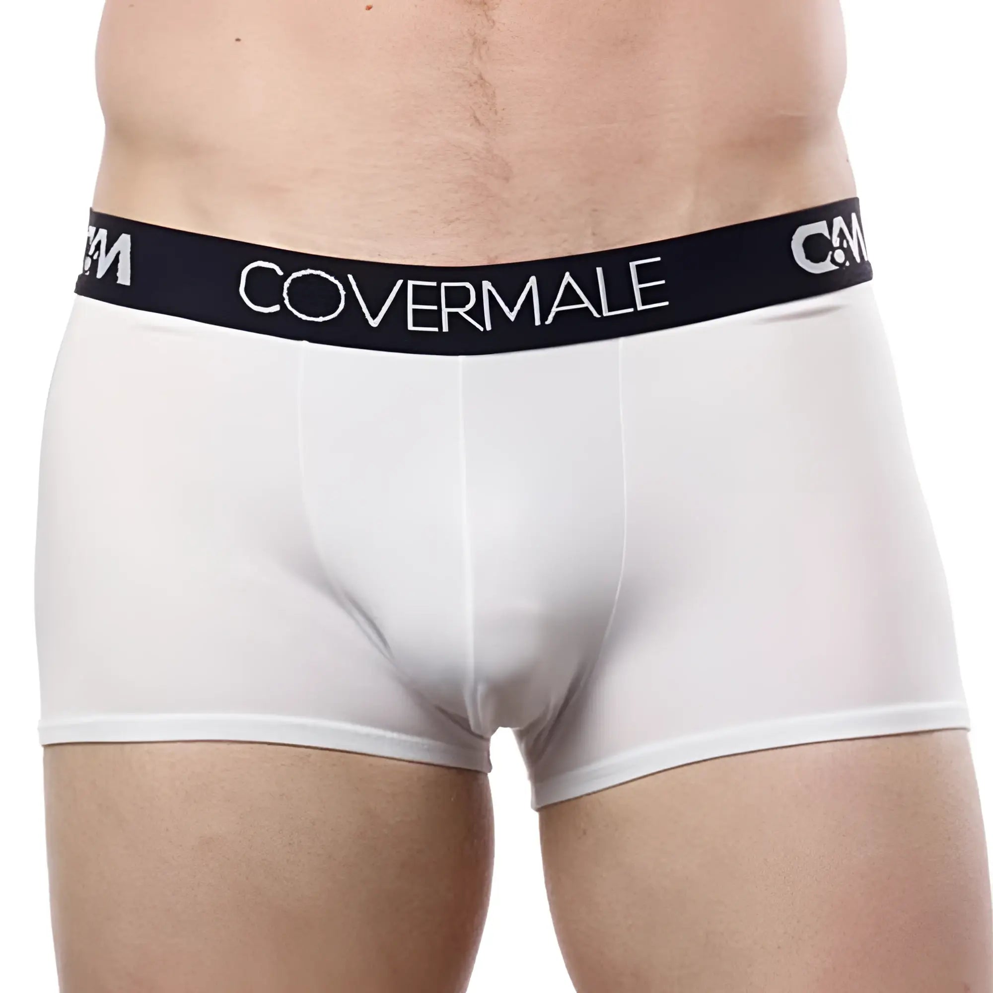 White men’s boxer briefs with a black covermale elastic waistband in cover male cm104 boxer trunk style