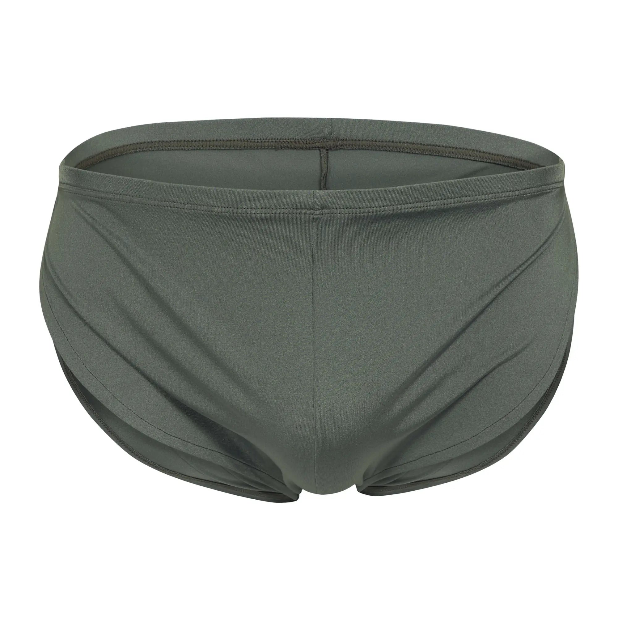 Dark olive green Cover Male CM109 boxer swim trunks with smooth stretchy fabric and a streamlined design
