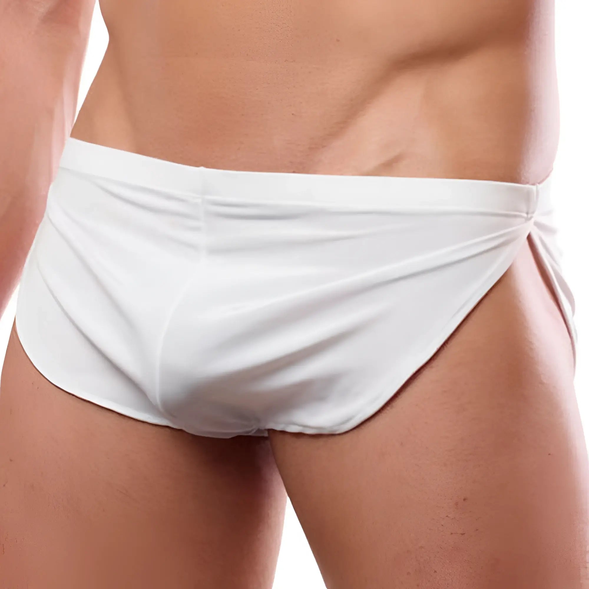 White smooth-textured cover male cm109 boxer swim trunks with snug fit and side slits for comfortable wear