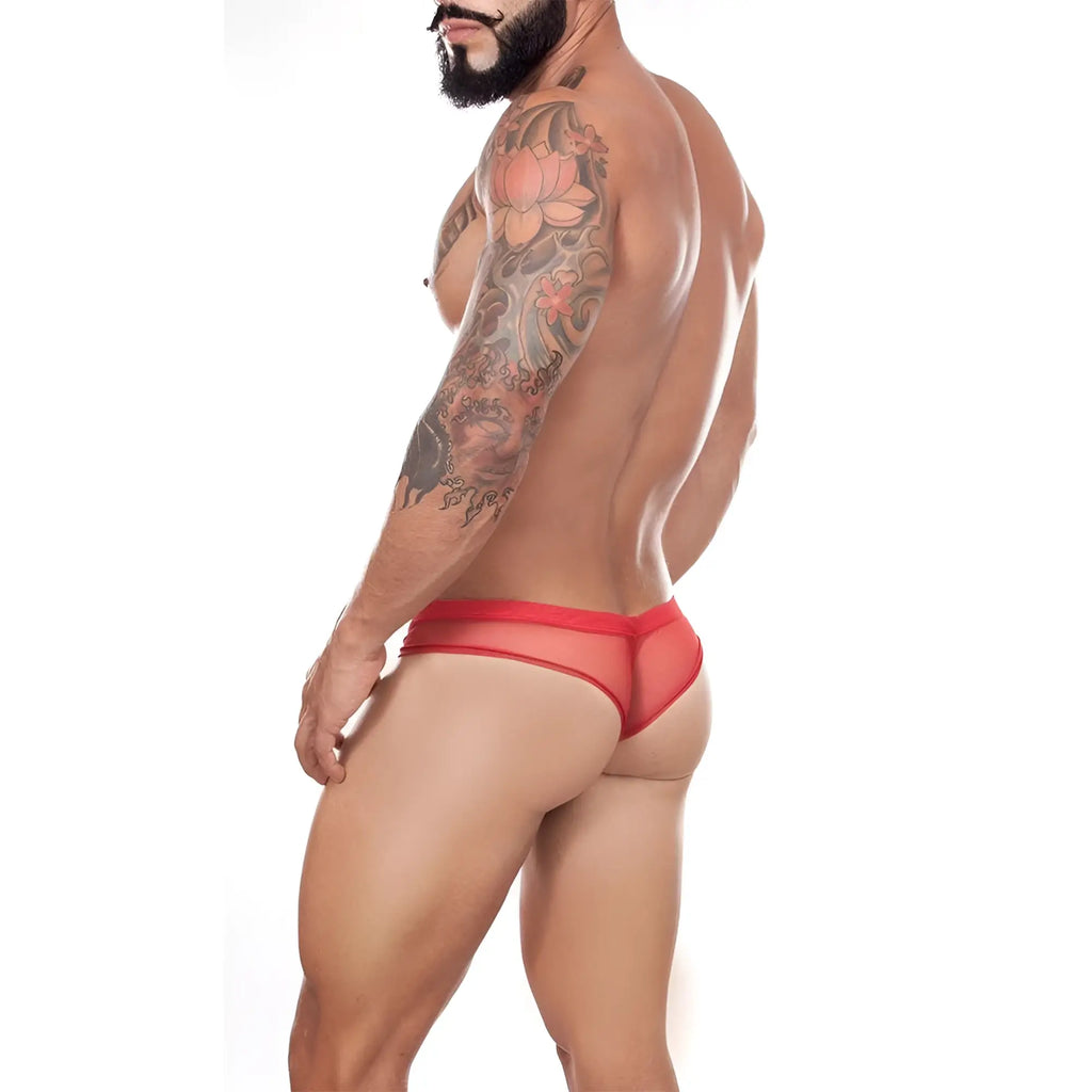 Cover male cm165 thong red sheer mesh briefs showing breathable fabric and minimal coverage design