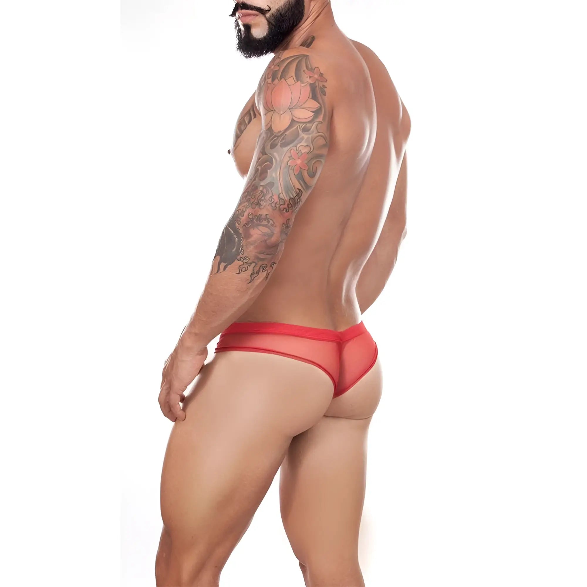 Cover male cm165 thong red sheer mesh briefs showing breathable fabric and minimal coverage design