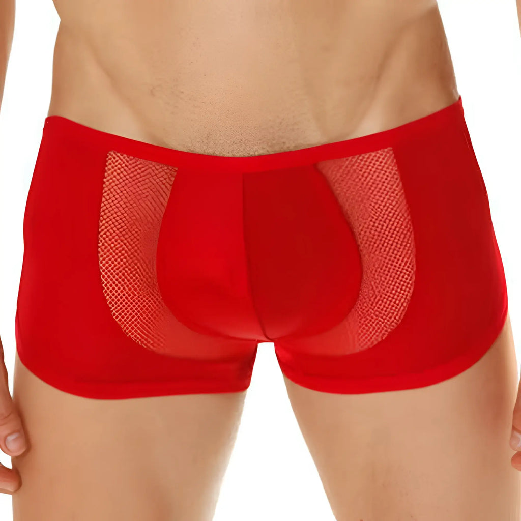 Red men’s cover male cm206 boxer briefs showing the back with a sheer mesh panel for breathability
