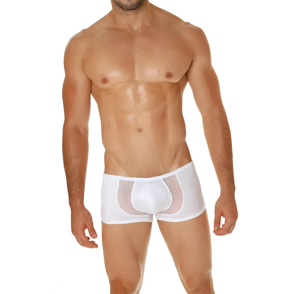 White mesh cover male cm206 boxer brief with sheer form fitting design for comfortable everyday wear