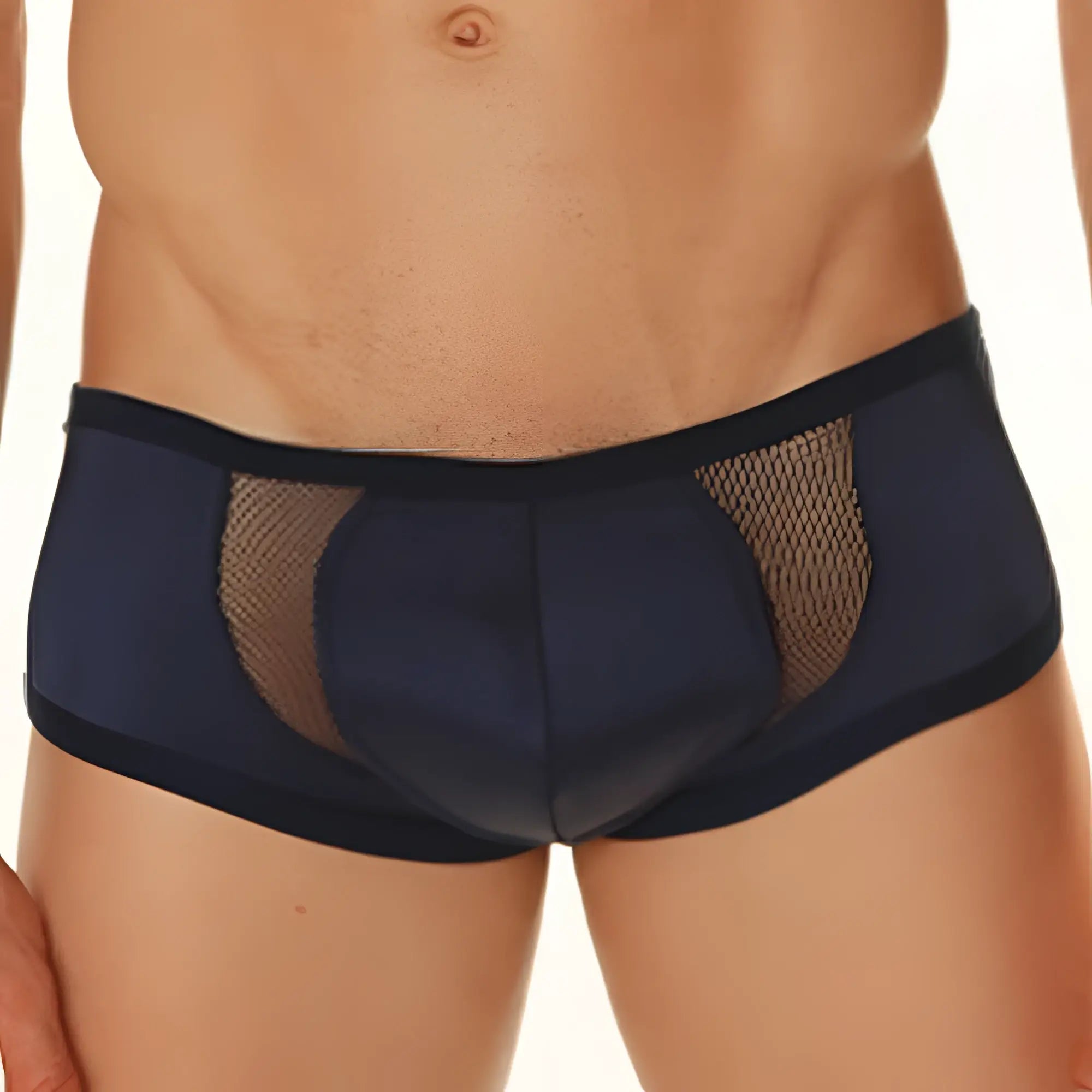 Navy blue mesh briefs with solid fabric front and black trim from cover male cm208 intimate brief collection