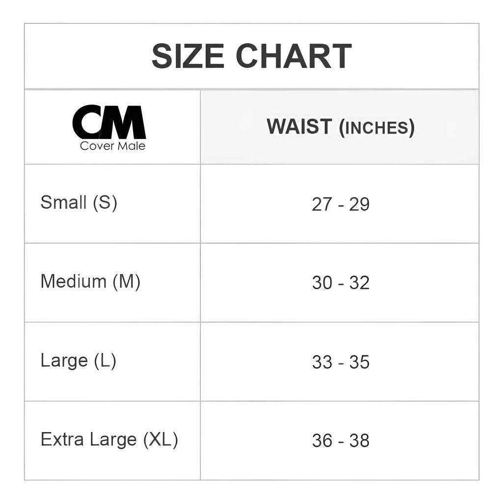 Cover male cme018 backless jockstrap size chart showing waist measurements in inches for proper fit guidance