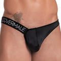 Black satin-like thong jockstrap with wide covermale waistband in white lettering for comfortable support