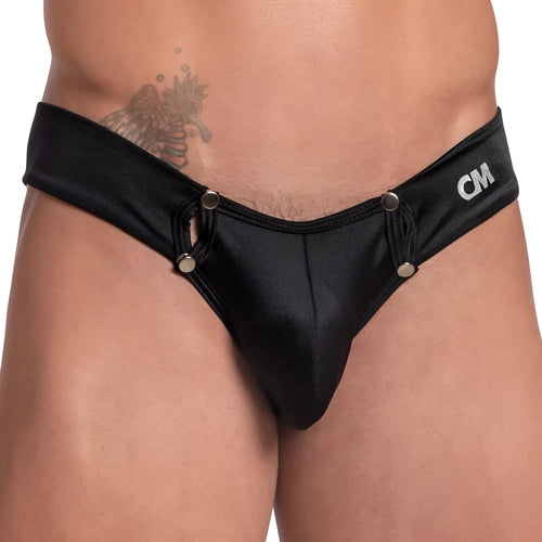 Black satin cover male CME022 button support jockstrap briefs with silver snap buttons and cm logo waistband