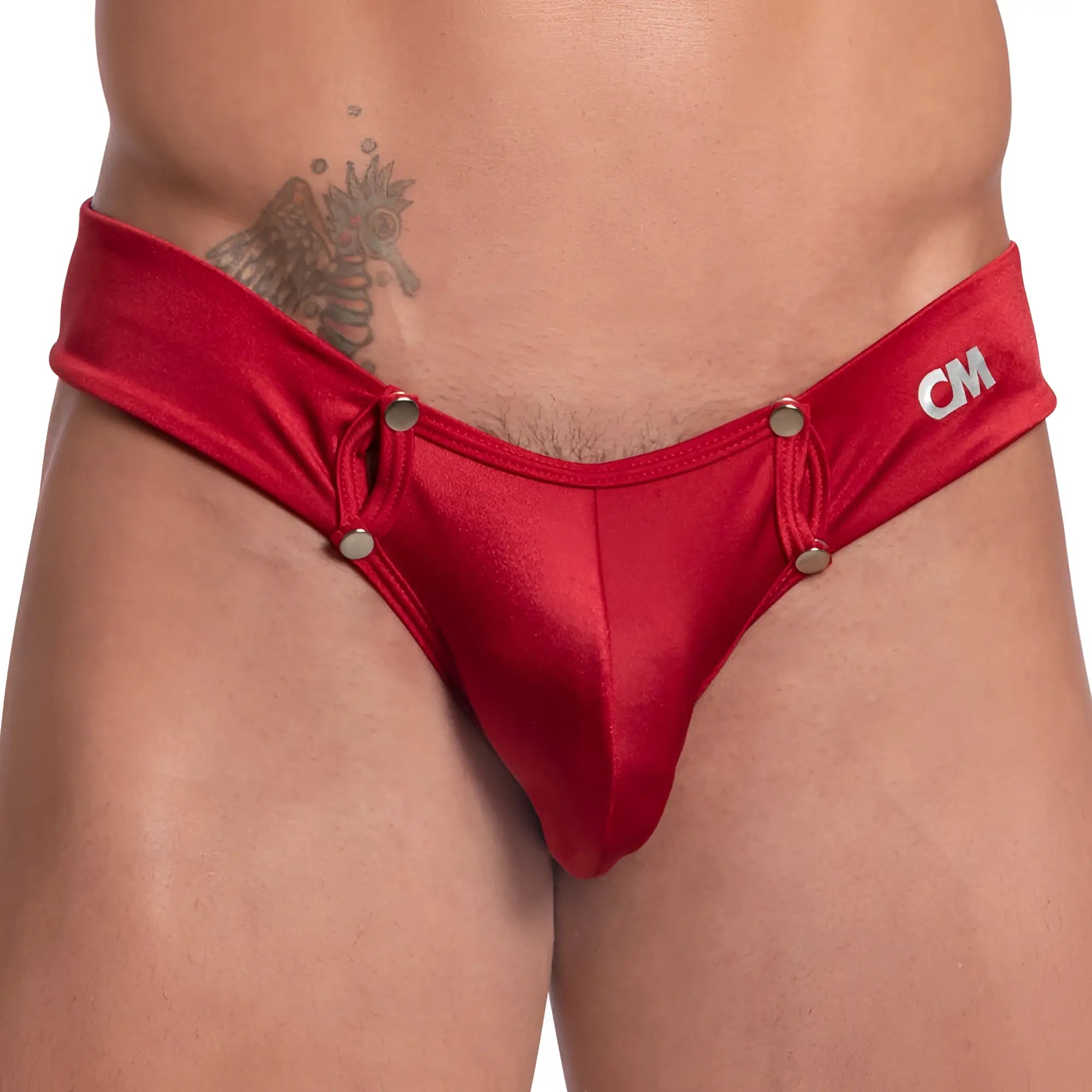 Red satin cover male cme022 button support jockstrap briefs with silver snap buttons and cm logo waistband