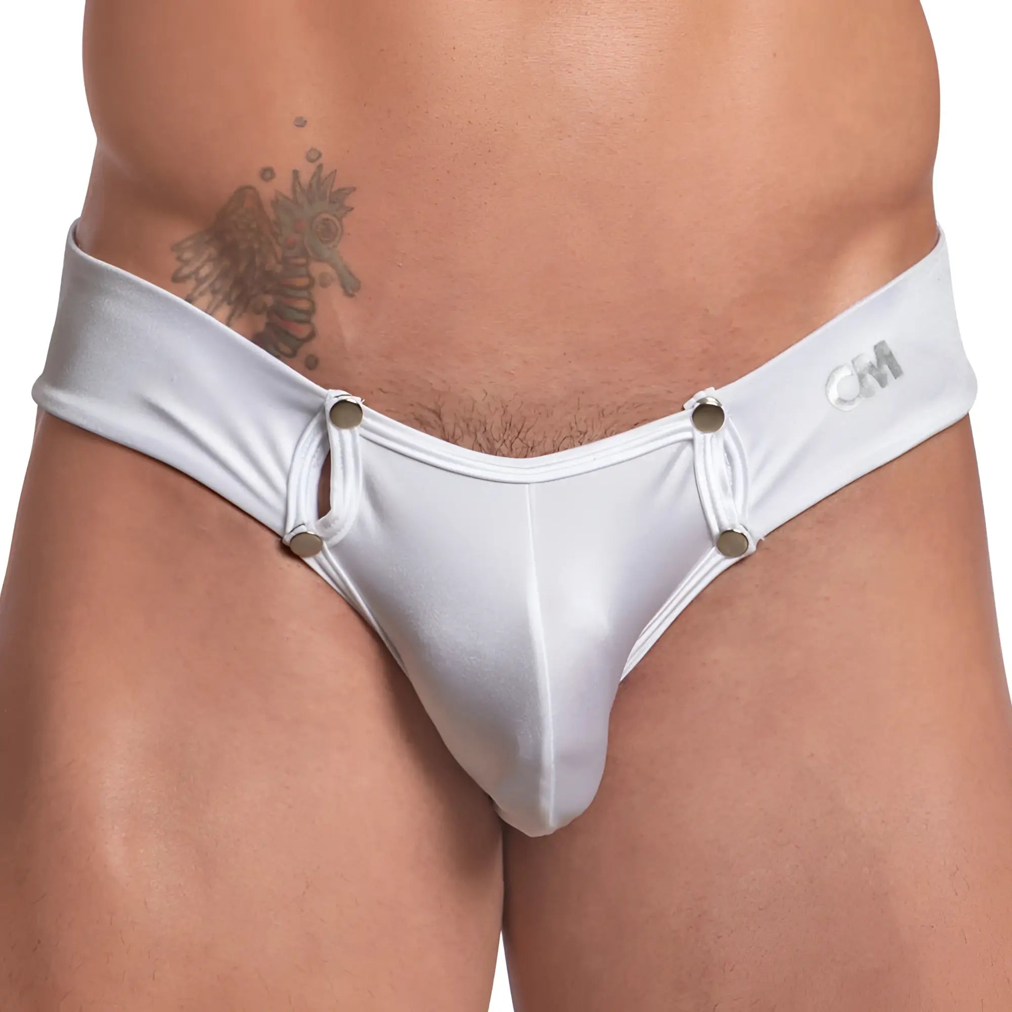 White satin briefs cover male CME022 button support jockstrap with silver metal buttons and subtle cm logo waistband