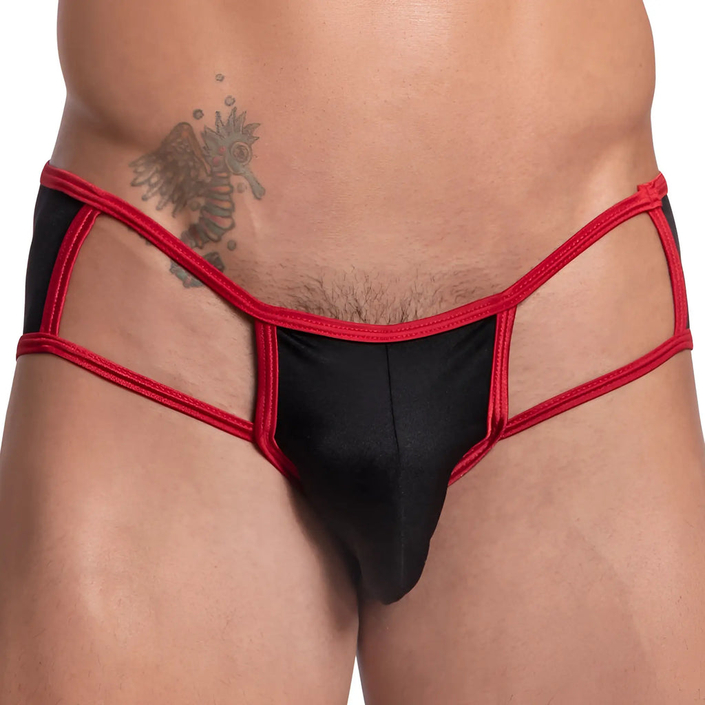 Cover male CME023 black and red lace-trimmed men’s thong with cut-out design and open sides jockstrap shown from back