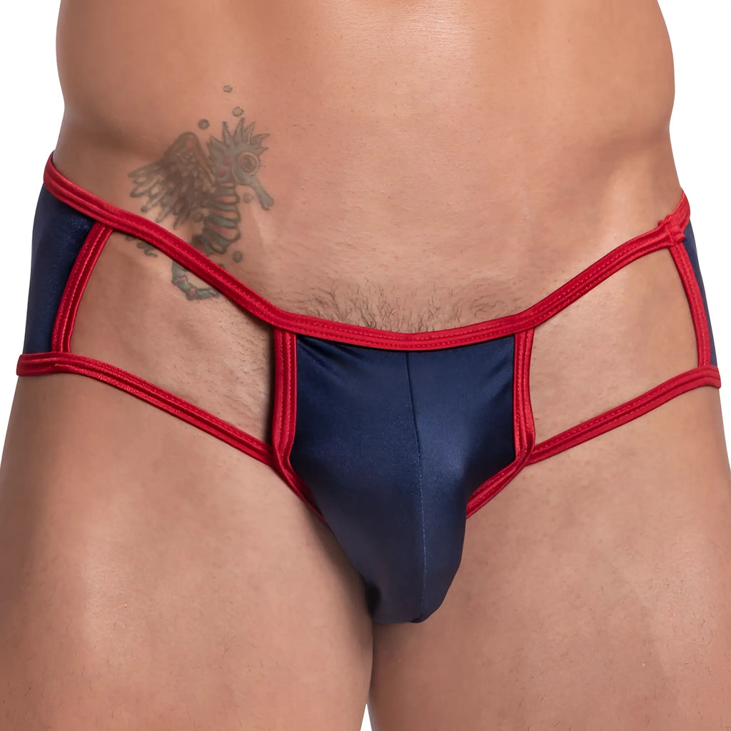 Navy blue and red lace-trimmed men’s briefs with shiny satin finish cover male cme023 sides open jockstrap