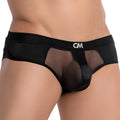 Black mesh briefs with solid black waistband and cm logo from cover male cme024 naked fit jockstraps collection