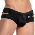 Black satin cover male CME027 jockstrap briefs with cutout sides and cm logo on waistband front view