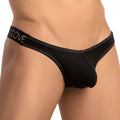 Back view of black cove cover male CME029 cross string back jockstrap with white stitching and a red accent seam