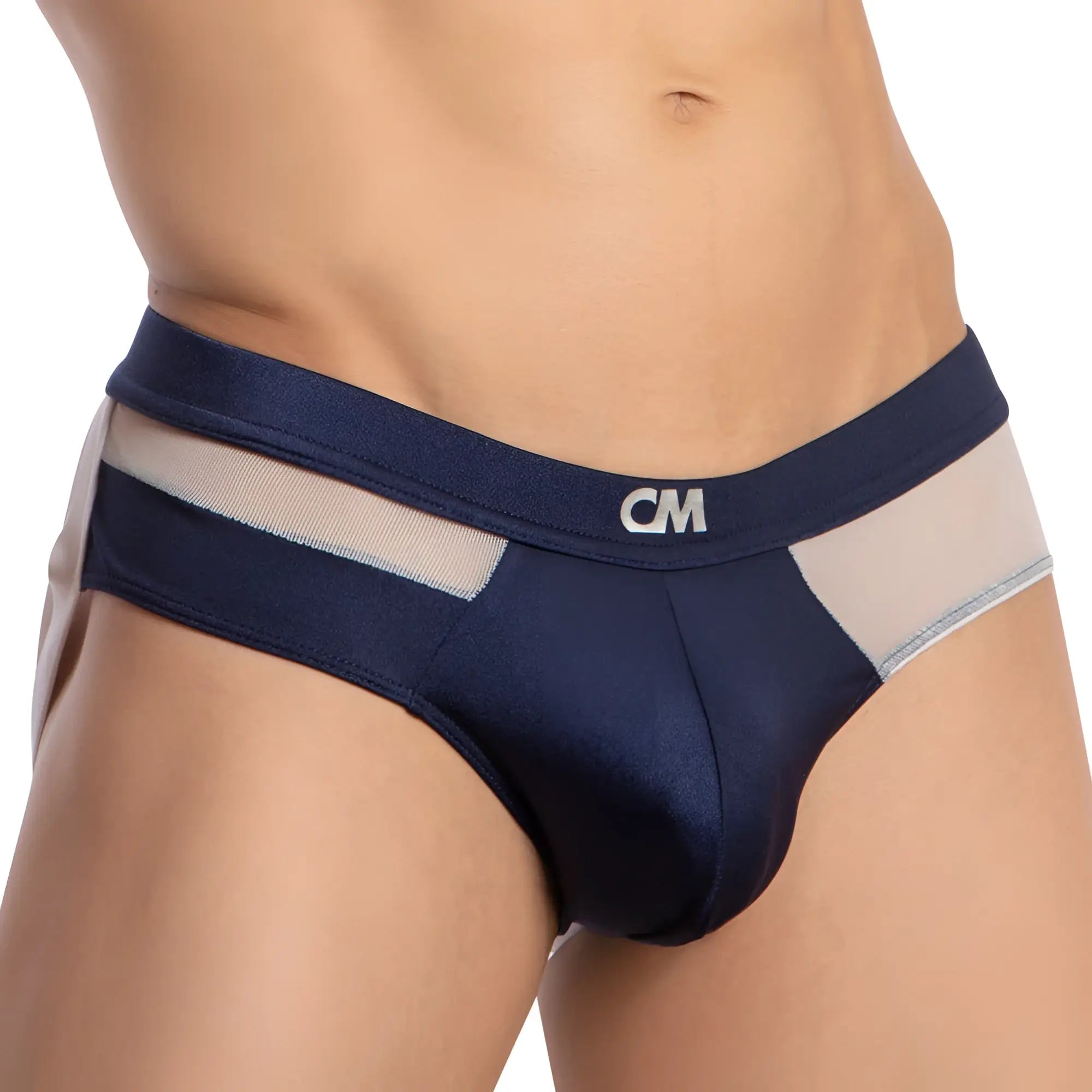 Navy blue and beige mesh-trimmed men’s briefs with cm logo waistband from cover male cme030 jockstrap collection