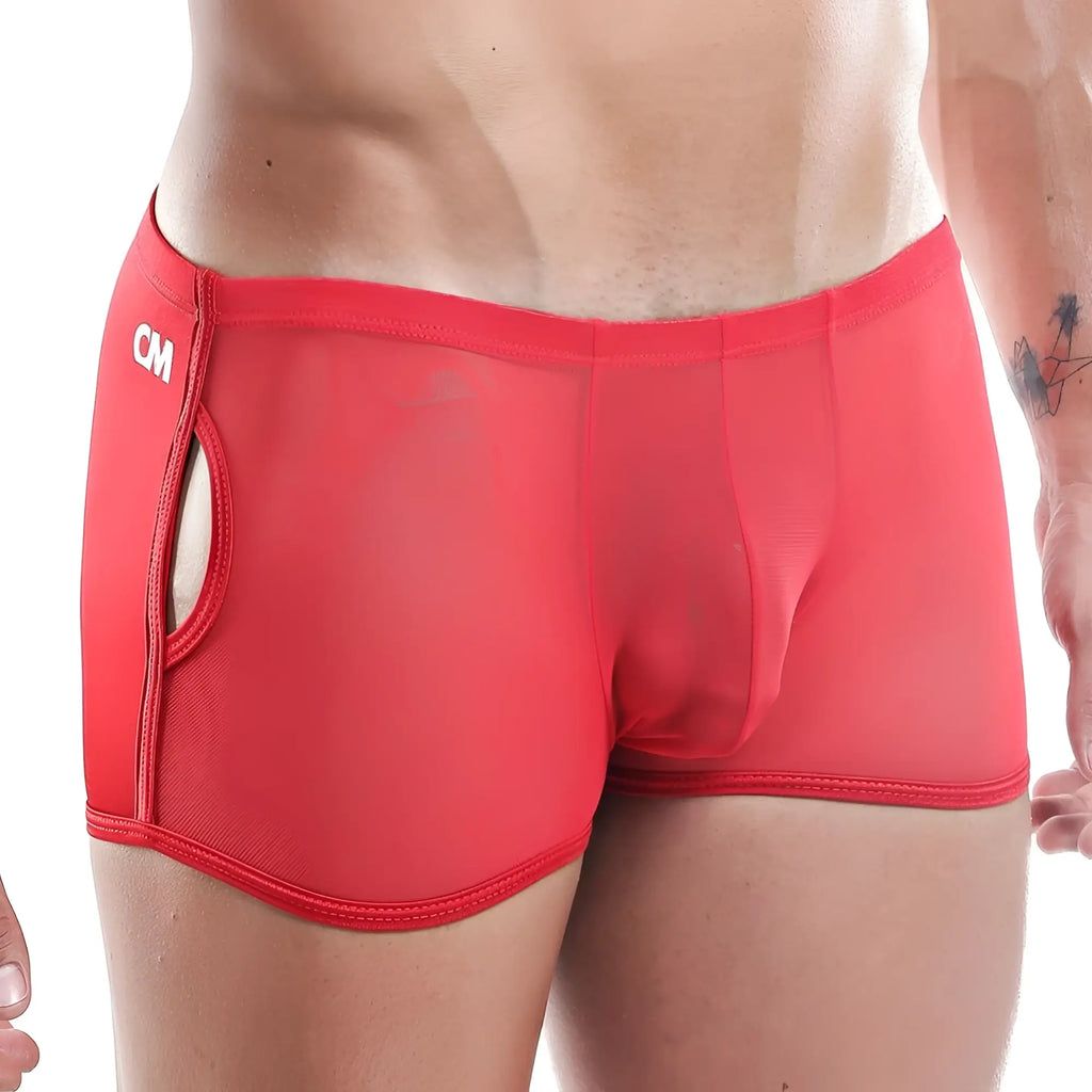 Cover male cmg015 red mesh boxer trunk briefs with side zipper and cm logo on the waistband
