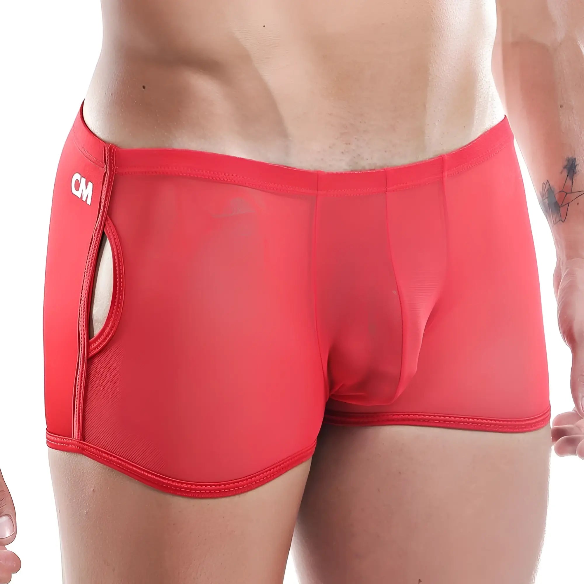 Cover male cmg015 red mesh boxer trunk briefs with side zipper and cm logo on the waistband