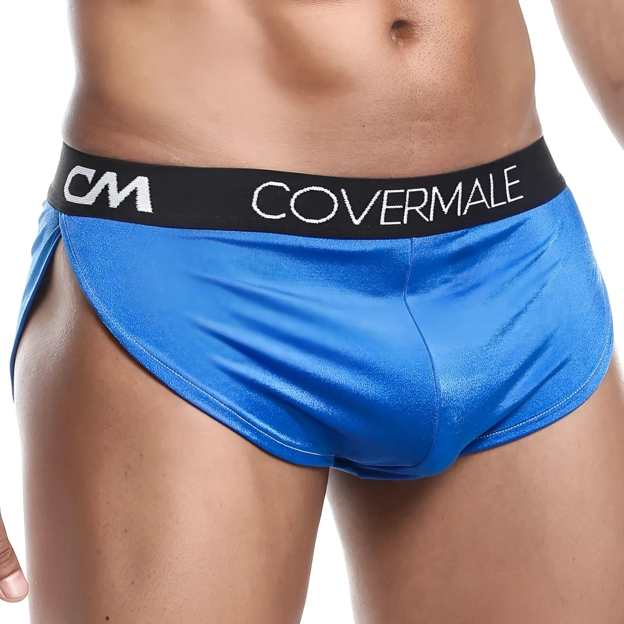 Bright blue shiny fabric cover male cmg018 boxer trunk briefs with black waistband featuring brand name in white lettering