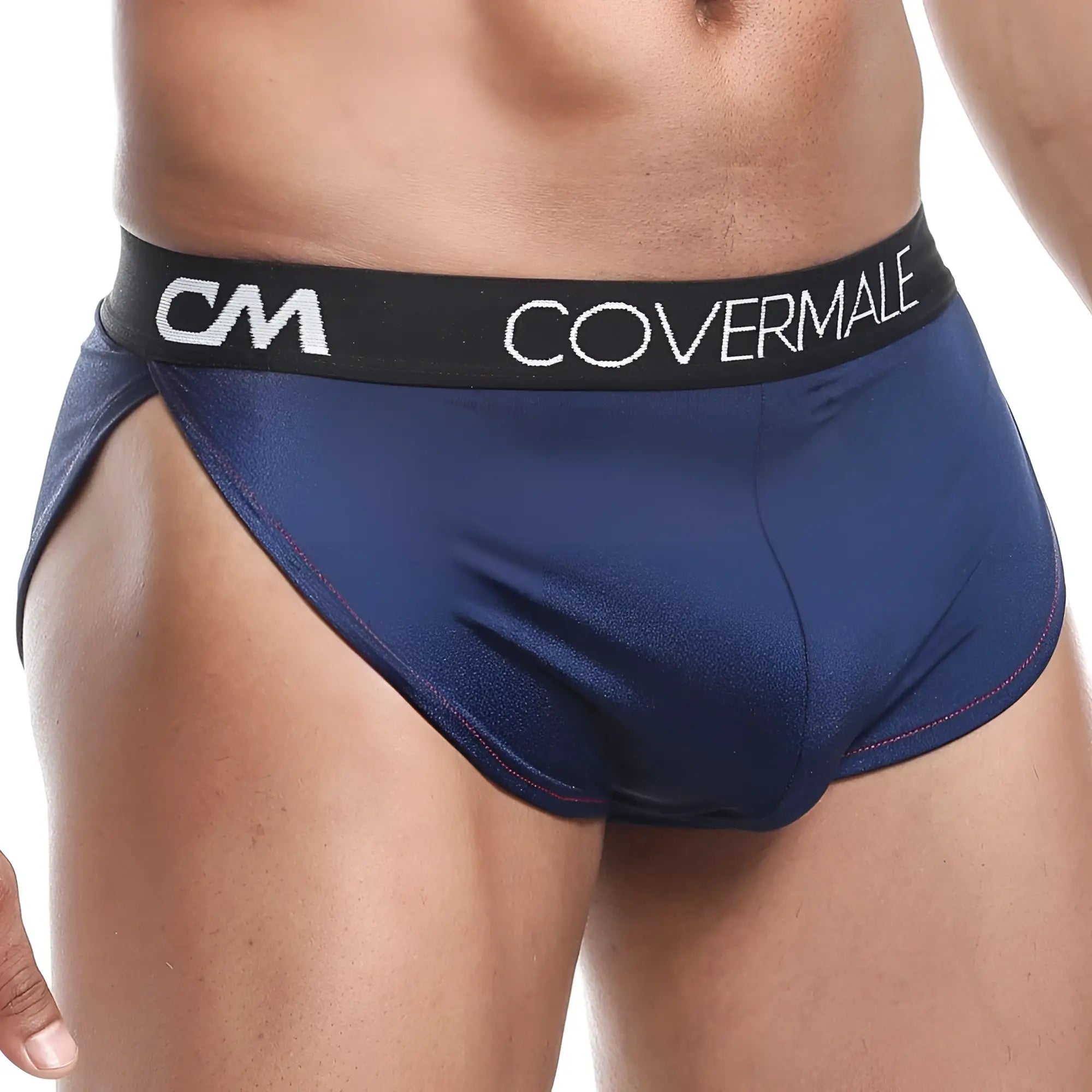 Navy blue cover male cmg018 boxer trunk briefs with black waistband featuring white cm and cover male branding
