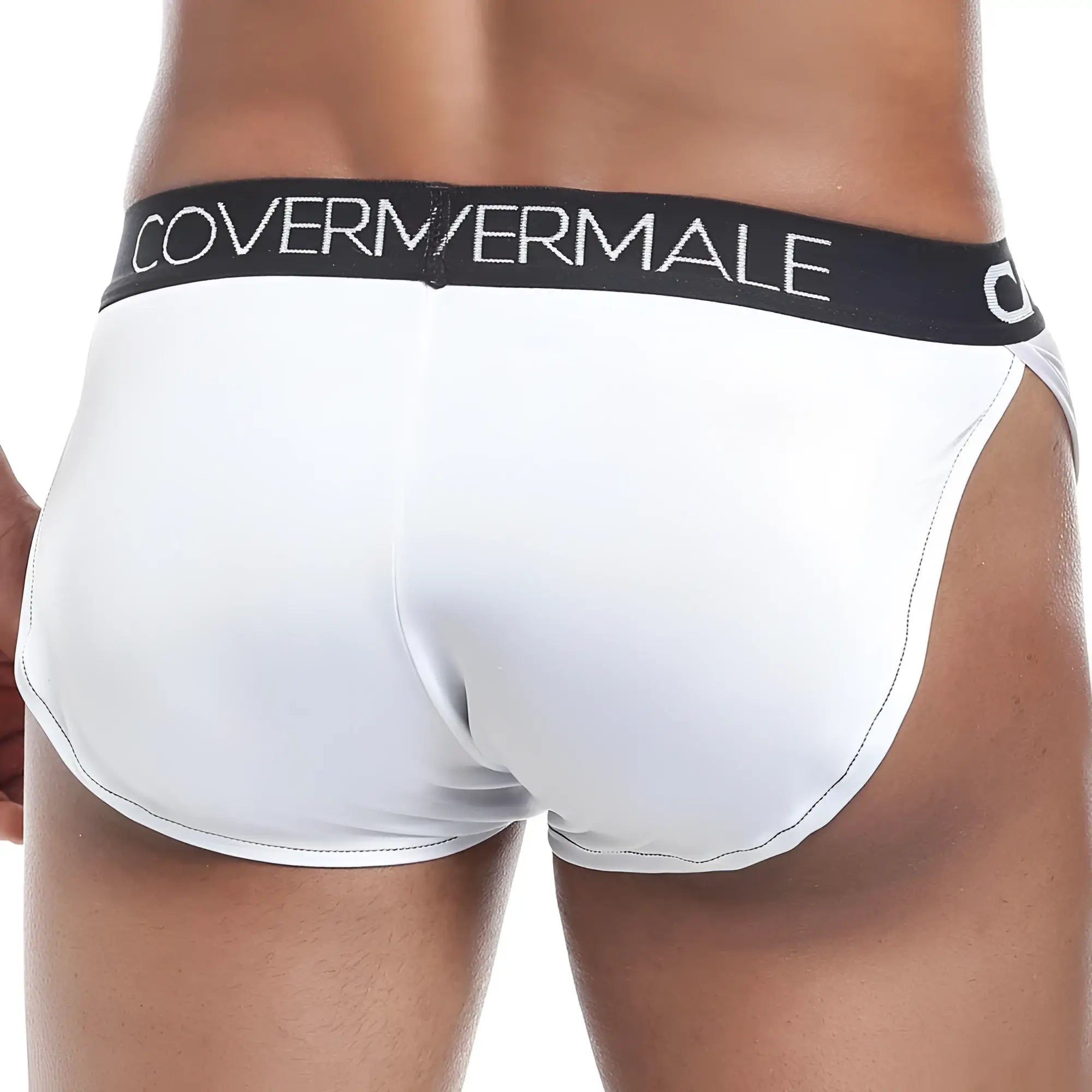 White covermale cmg018 boxer trunk briefs with black elastic waistband and covermale branding in white lettering