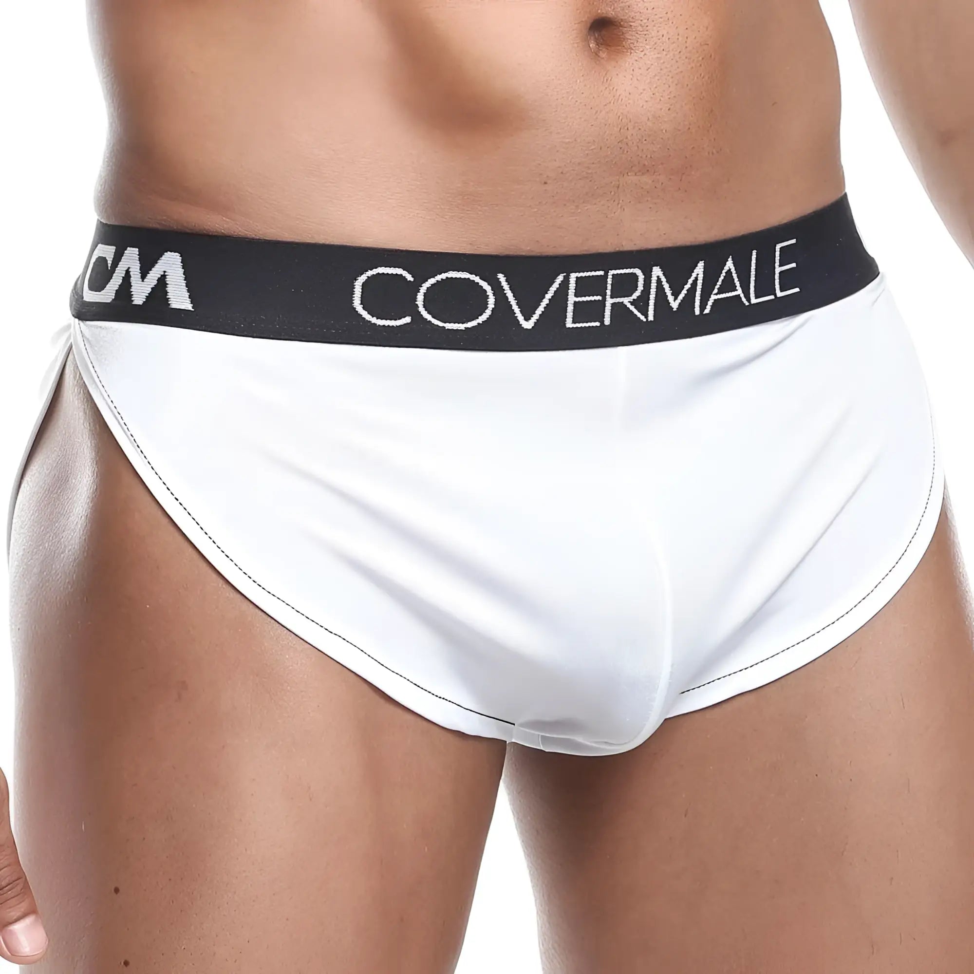 White cover male cmg018 boxer trunk briefs with black elastic waistband and white covermale branding