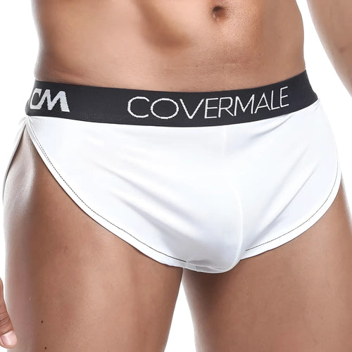 White cover male cmg018 boxer trunk briefs with black elastic waistband and white covermale branding