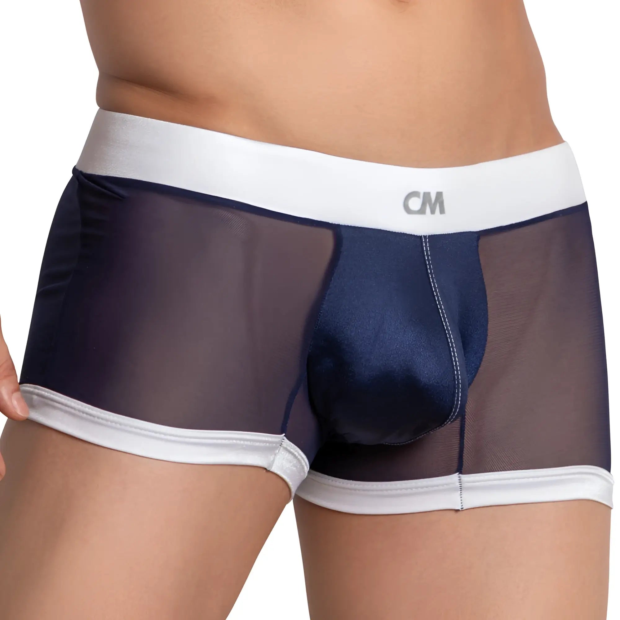 Navy blue mesh Cover Male see me boxer trunk with white elastic waistband and denim-like front panel
