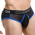 Cover Male CMH007 brief black mesh briefs with blue trim and black waistband featuring white covermale logo