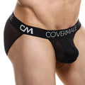 Black sheer mesh briefs with a black elastic waistband featuring silver glitter covermale logo cm i033 bikini style