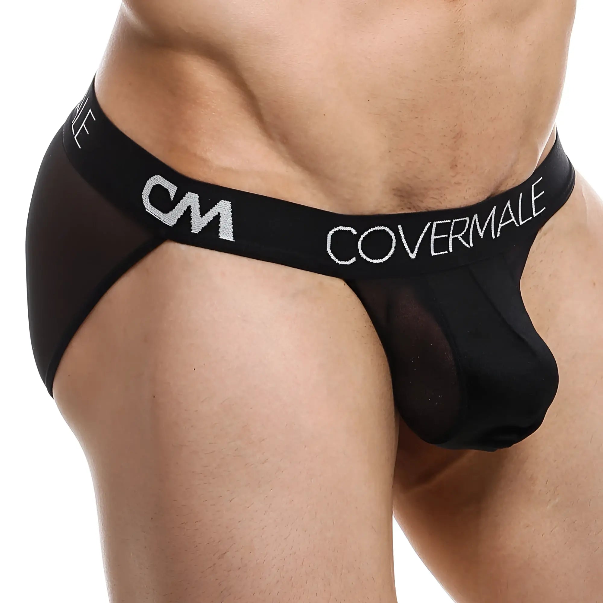 Black sheer mesh briefs with a black elastic waistband featuring silver glitter covermale logo cm i033 bikini style