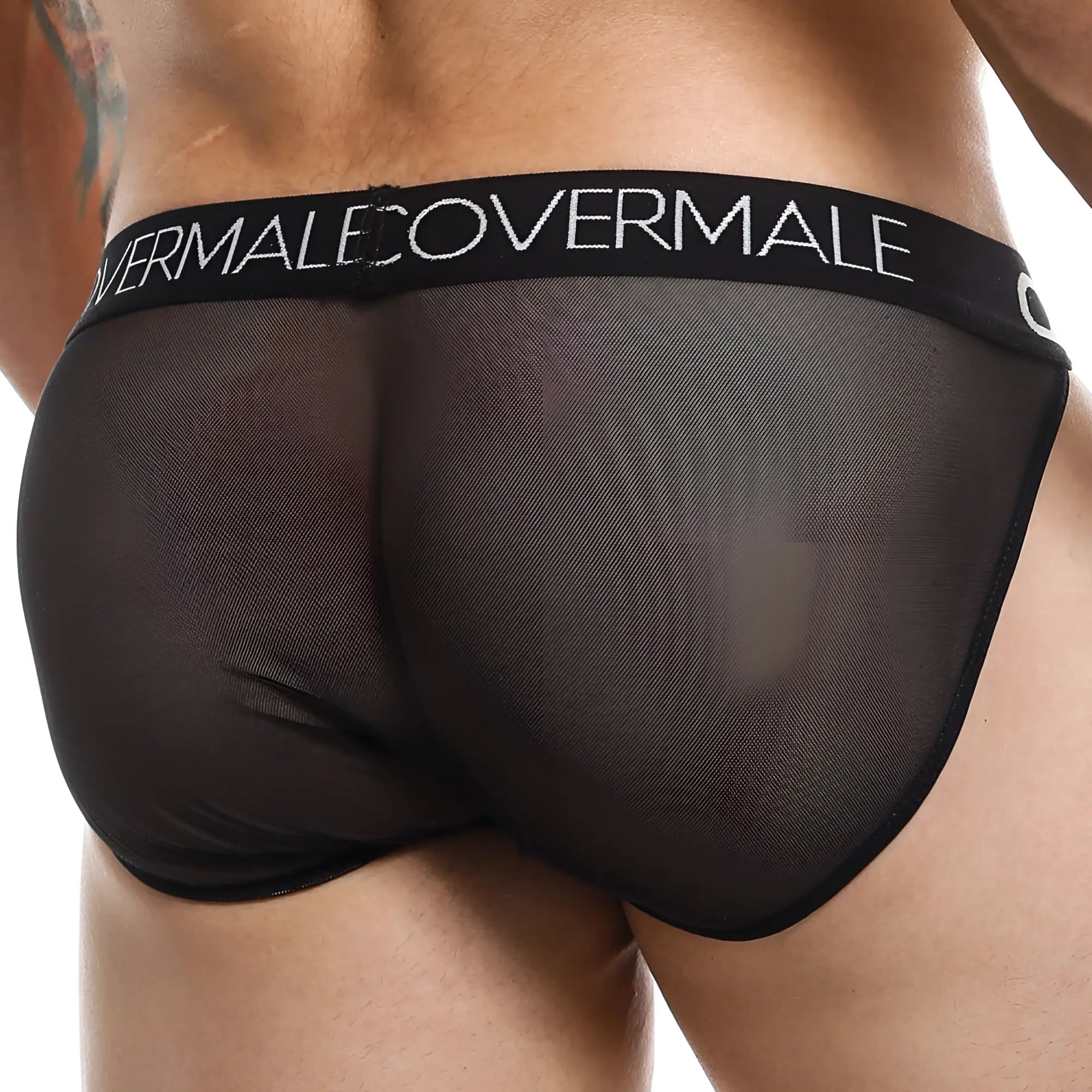 Cover male CMI033 bikini sheer black mesh briefs with black elastic waistband featuring overmale logo in white