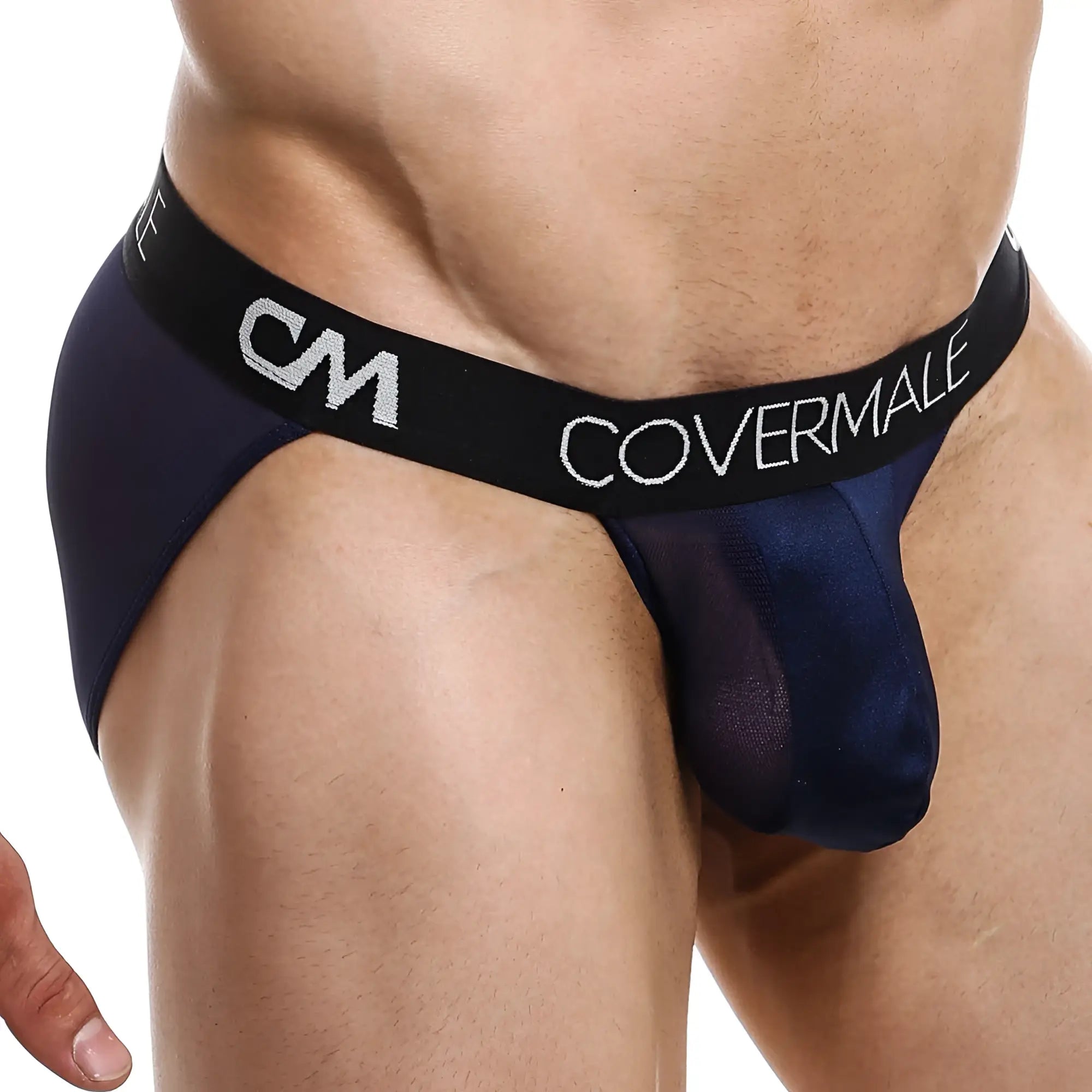 Navy blue sheer mesh men’s briefs with black elastic waistband featuring silver cm logo by Cover Male labeled CMI033 bikini