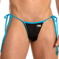 Cover male cmi040 bikini brief black and turquoise tie-side thong with white cm logo on the front