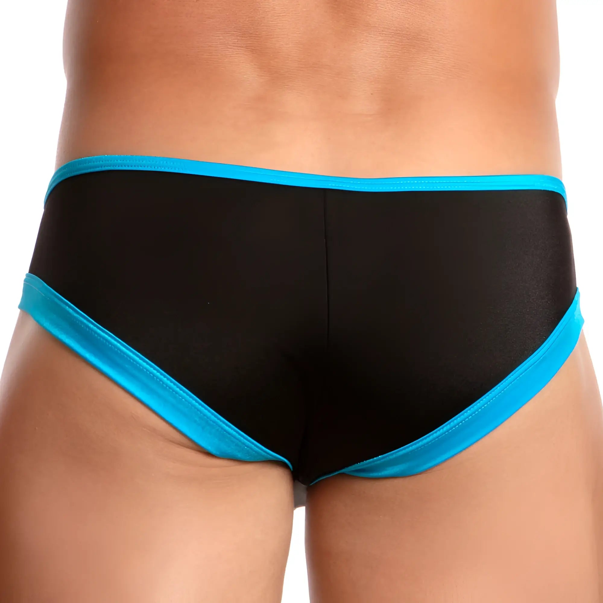 Cover male CMI041 cup bikini black briefs with vibrant turquoise trim designed for comfortable support