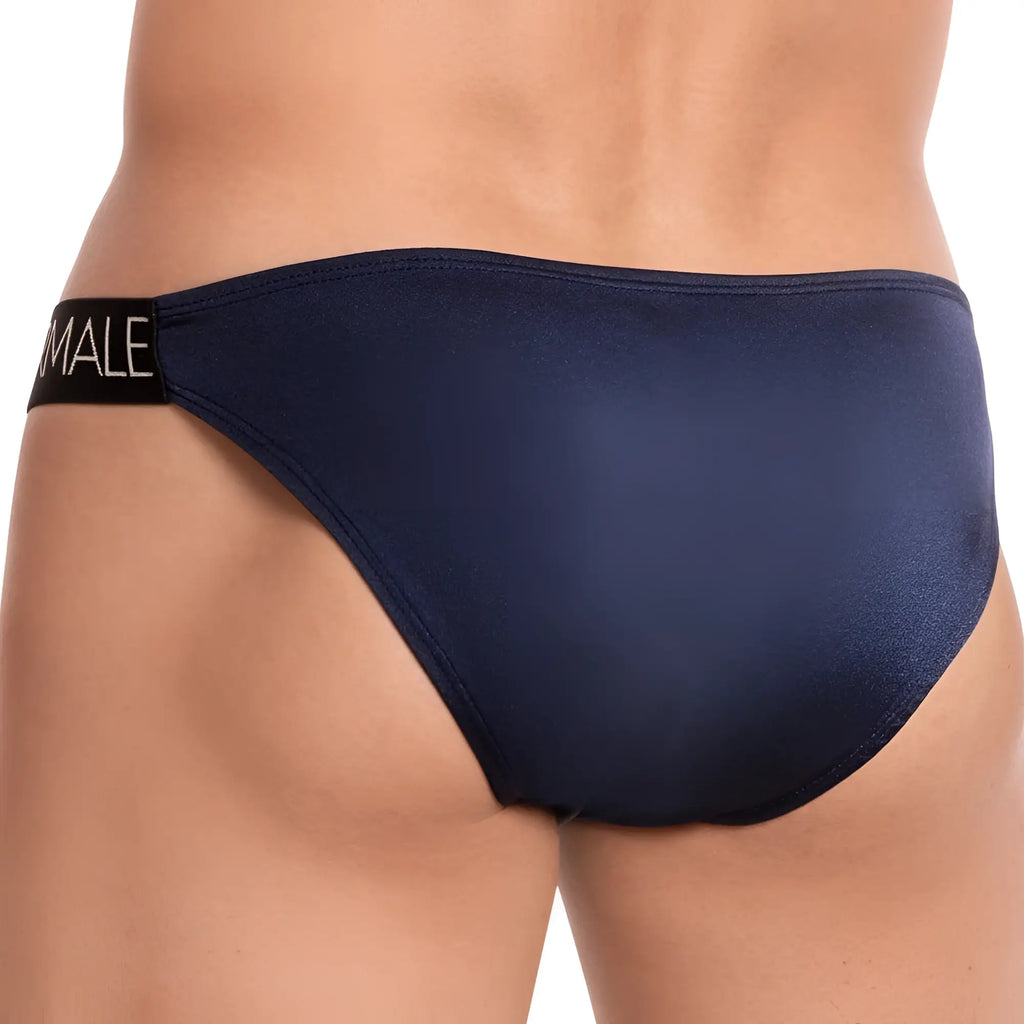 Navy blue cover male cmi044 bikini brief for men with black waistband and white male lettering front view