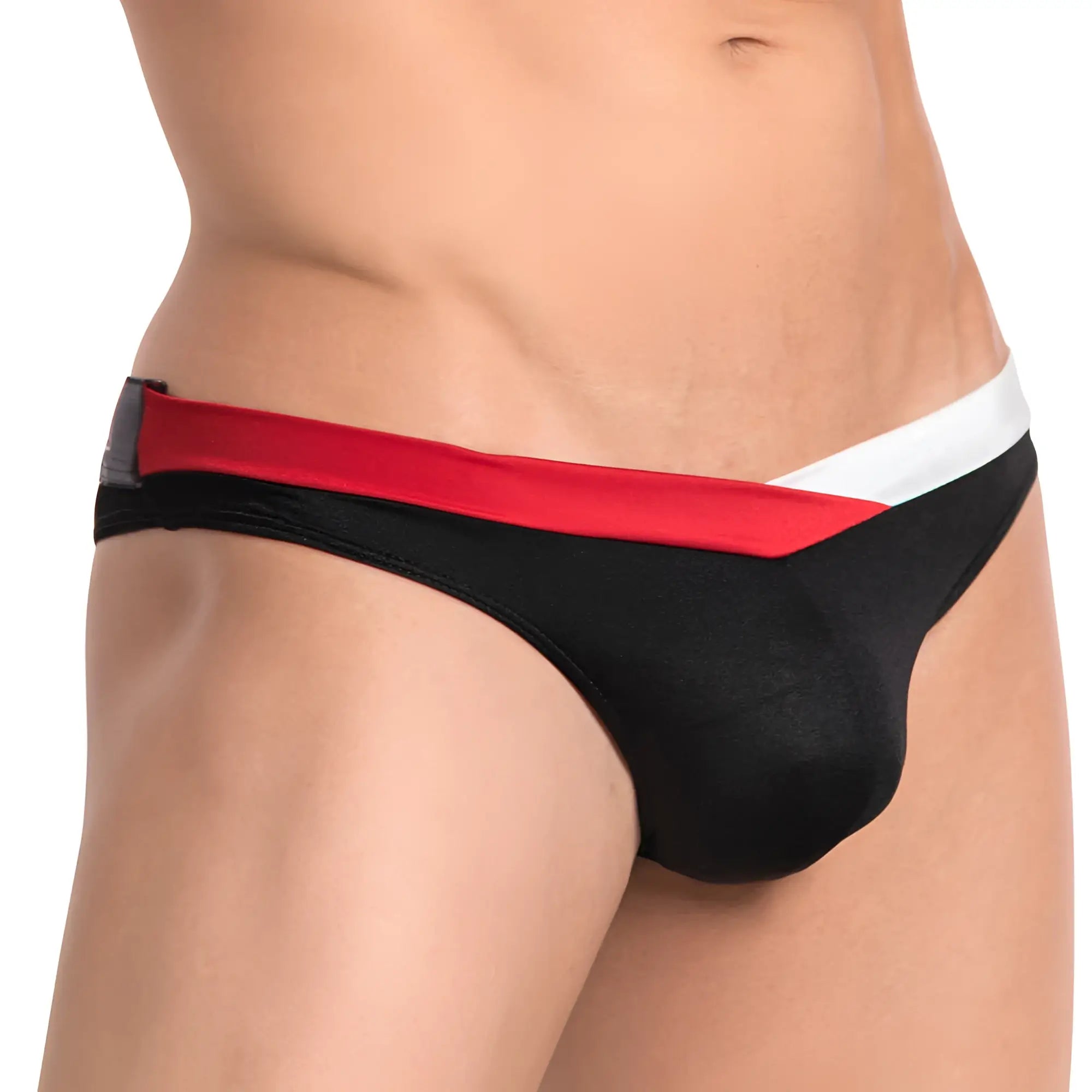 Cover male cmi045 bikini brief in black red and white with a sleek form-fitting athletic design