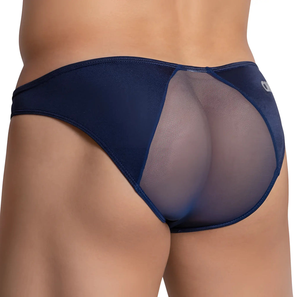 Cover male cmi052 back mesh bikini briefs in navy blue with solid fabric sides and a white logo on the hip