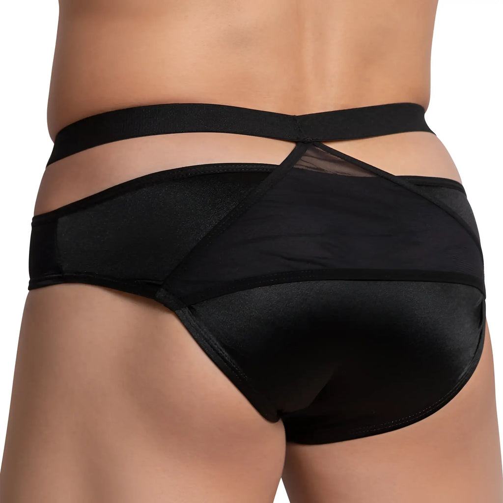Black satin bikini briefs with sheer mesh panel and crisscross back straps by cover male cm1053 back view