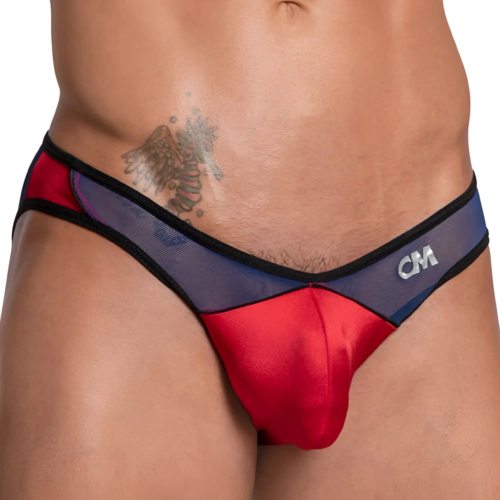 Cover male CMI056 half mesh bikini red and navy blue mesh briefs with black trim and satin-like red front panel