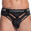 Black covermale wide-band visible bikini briefs with cut-out design and elastic waistband for men