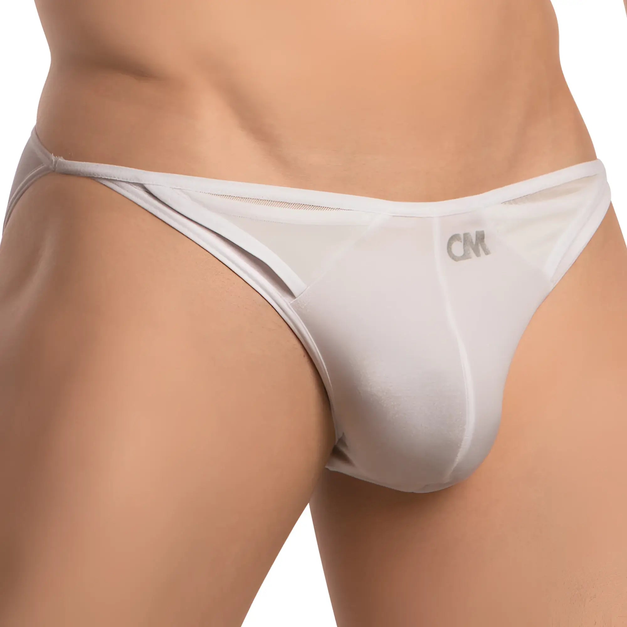 White sheer mesh thong with subtle cm logo on the front from cover male cmi059 double-layer pouch bikini