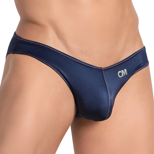 Navy blue satin briefs with red stitching and breathable bulge pouch featuring white cm logo on the hipband
