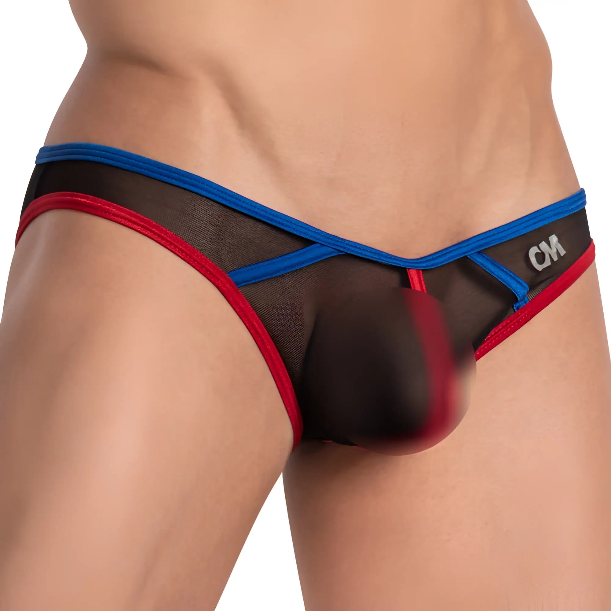 Black mesh thong with bold red and blue trim featuring sleek design and cm logo from cover male cmi066 color slash sheer bikini