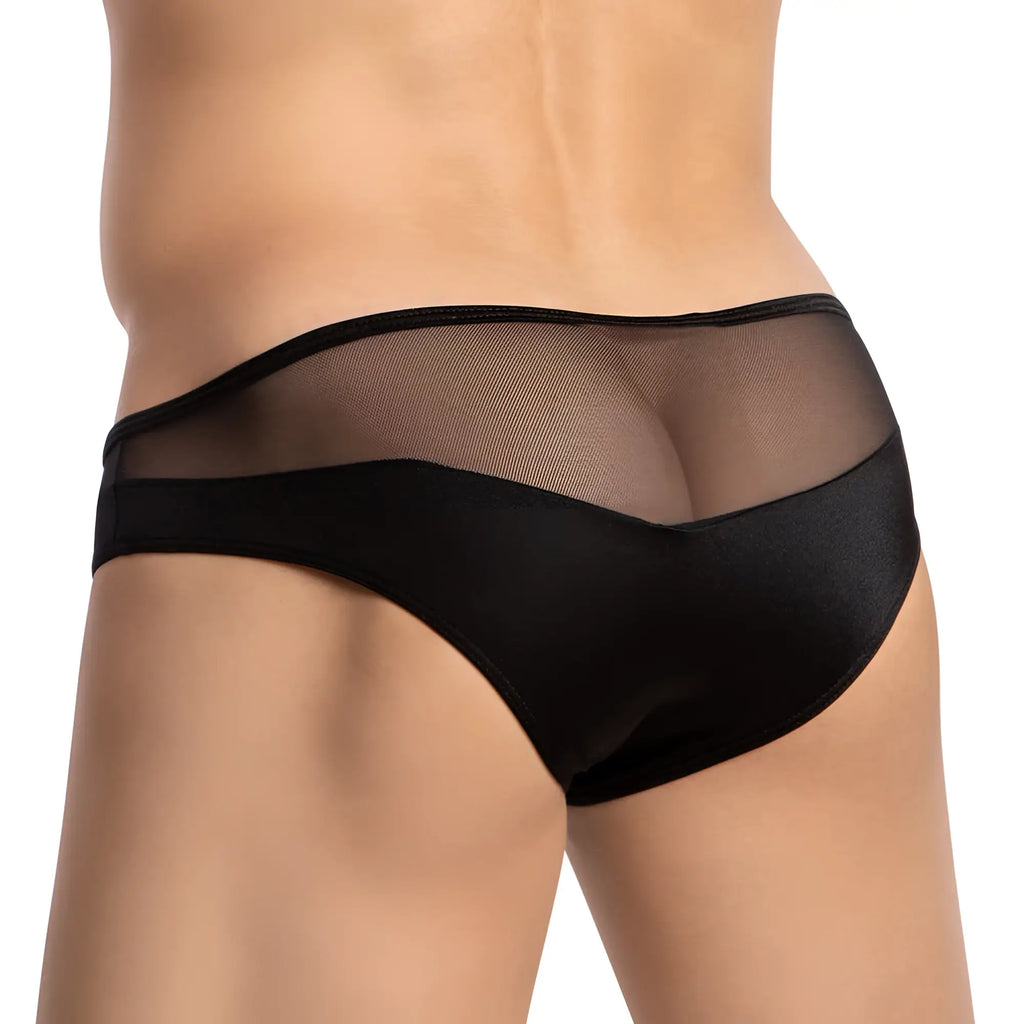 Cover male cmi067 bikini brief in black mesh and satin with sleek modern design shown from the front