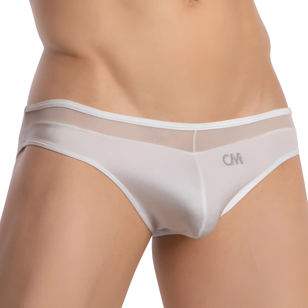 White mesh briefs with subtle cm logo on the front from cover male cmi067 bikini brief collection