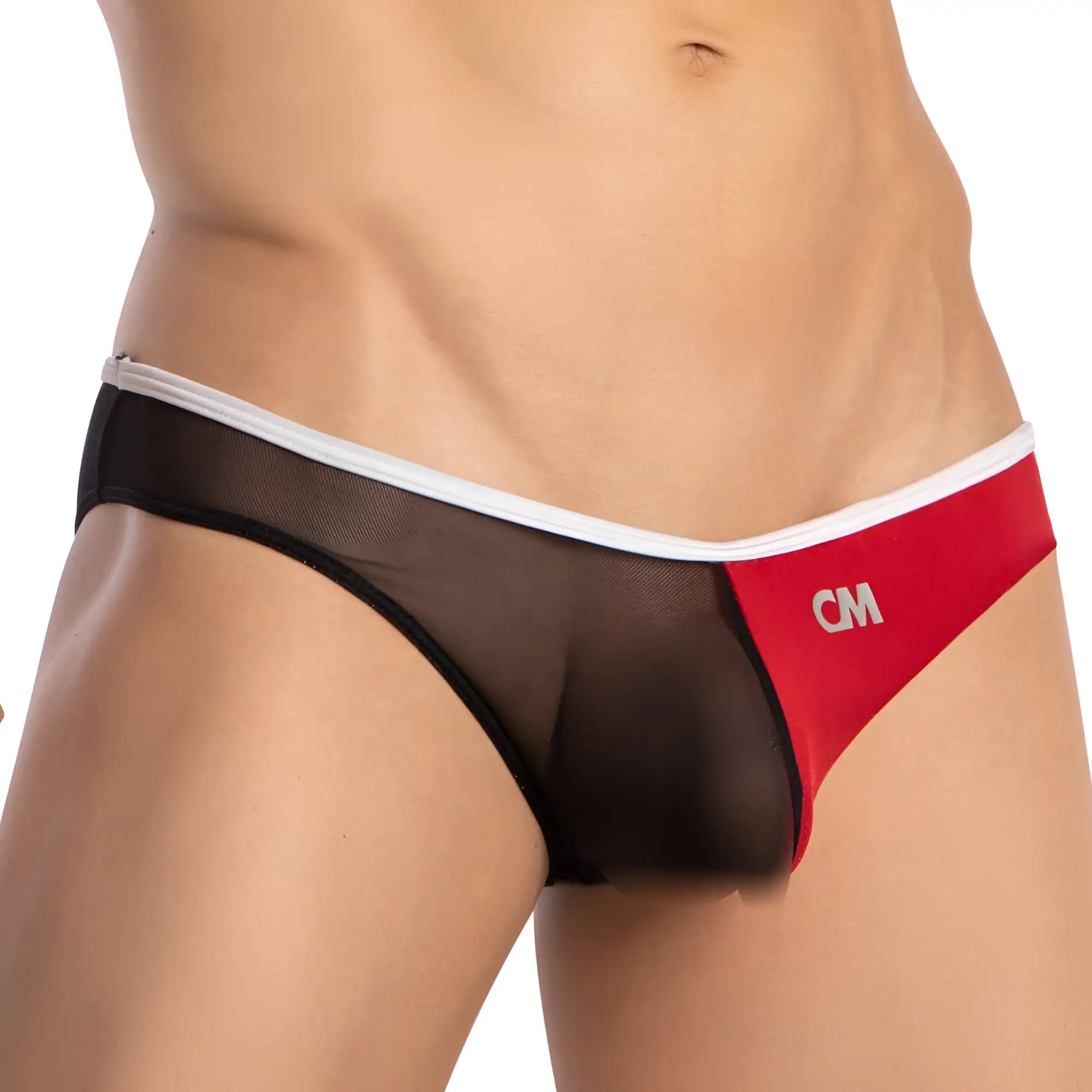 Black and red mesh briefs with white trim and cm logo on the side from cover male CMI068 bikini brief collection