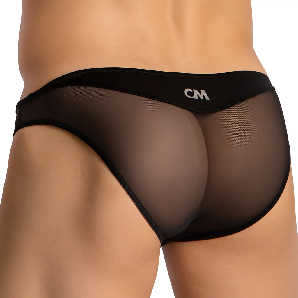 Black sheer mesh briefs with solid waistband featuring cm logo from cover male cmi071 sheer back bikini product