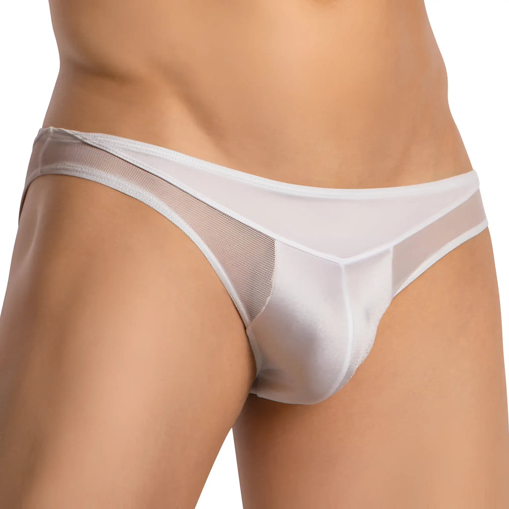 Cover male cmi071 sheer back bikini white briefs with smooth translucent mesh fabric and subtle gray paneling visible from back
