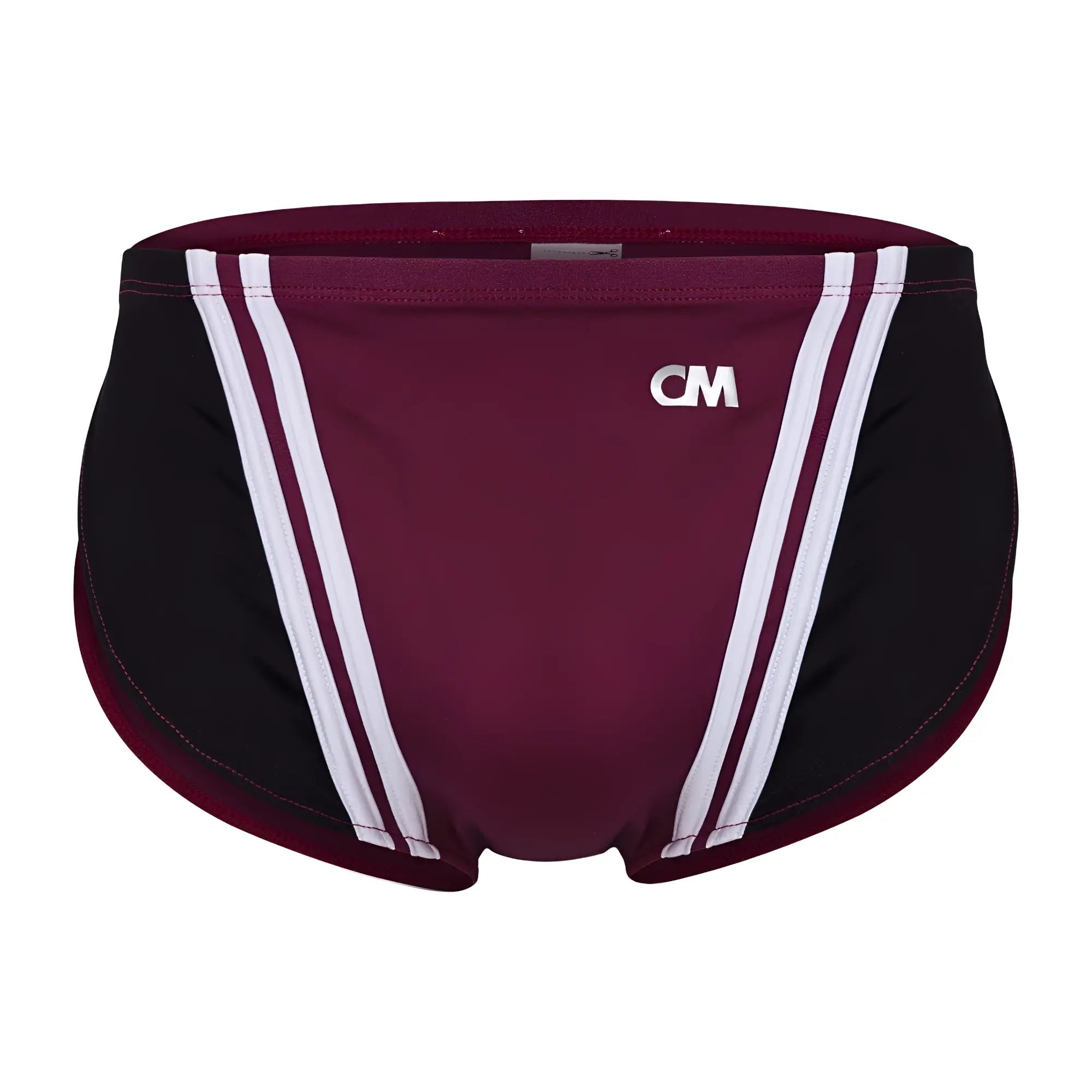 Cover male cmi072 bikini maroon and black swim trunks with white striped side panels for swimming and beachwear