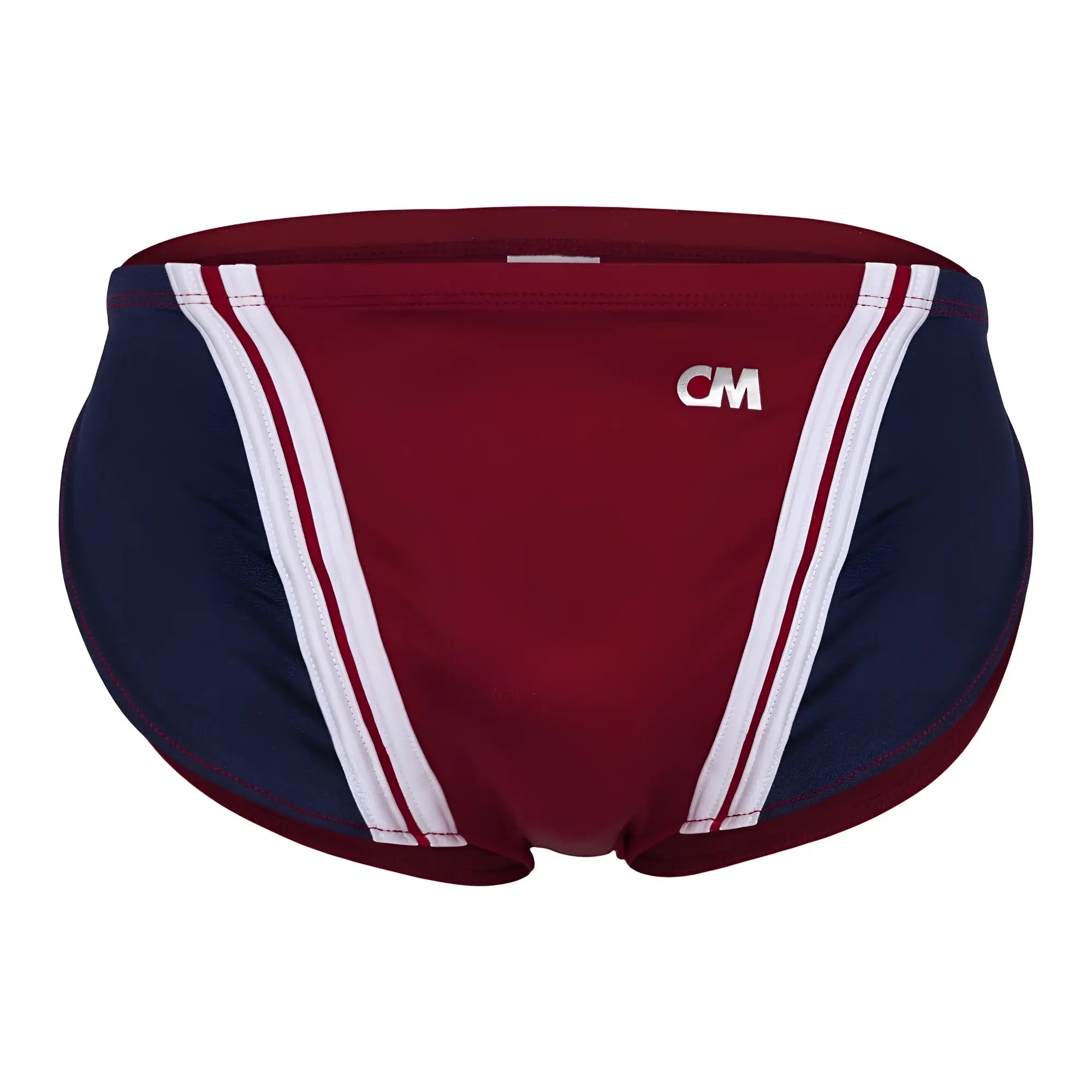 Maroon and navy blue swim trunks with white racing stripes and cm logo on the front from cover male cmi072 bikini collection